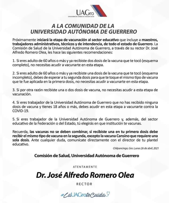Anuncia UAGro vacunación para maestros y trabajadores