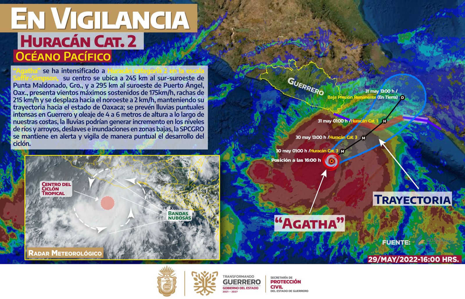 Sube huracán «Agatha» a categoría 2 frente a costa de Guerrero y Oaxaca