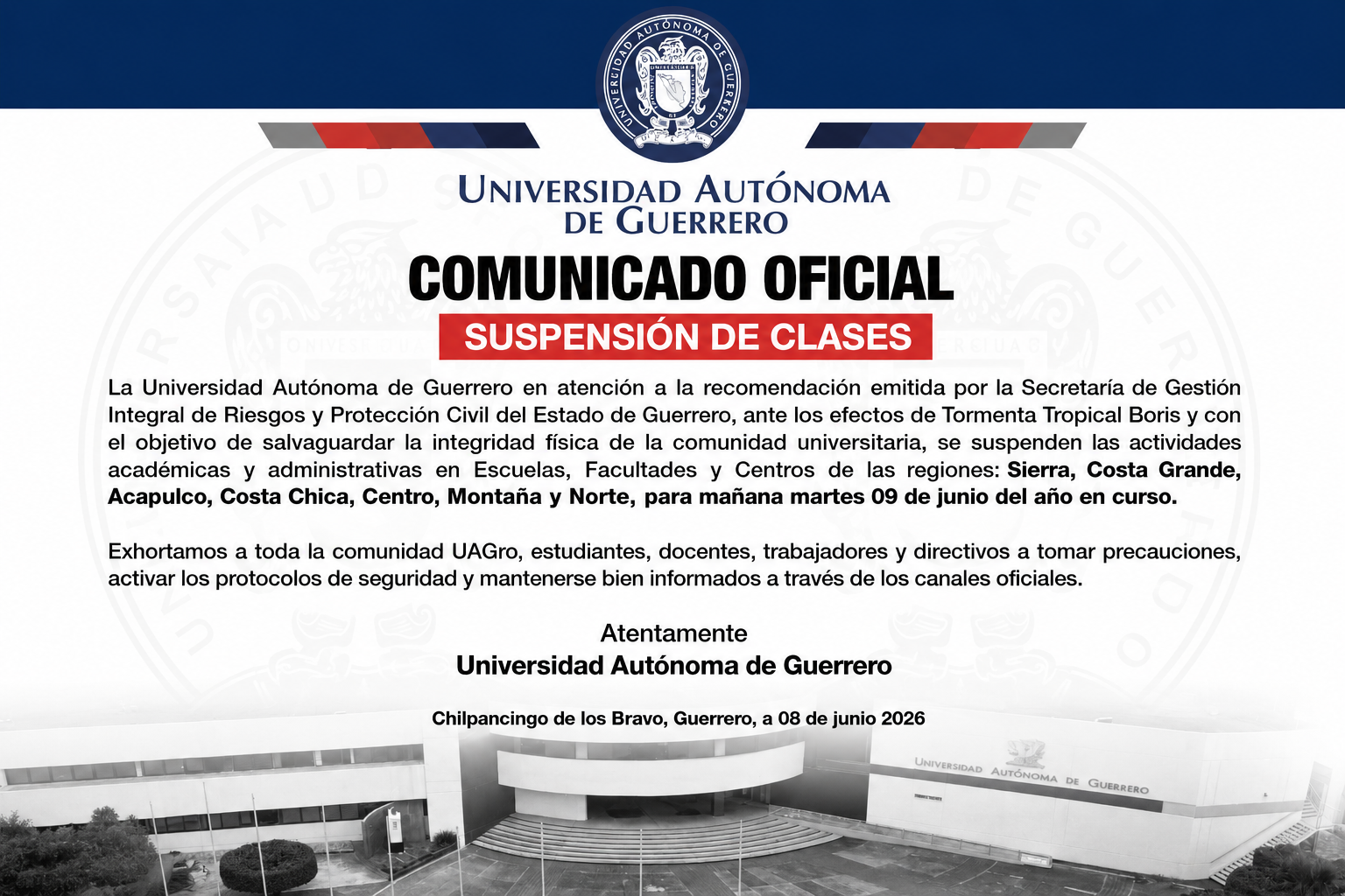 La UAGro suspende clases y actividades administrativas por efectos de «Boris»